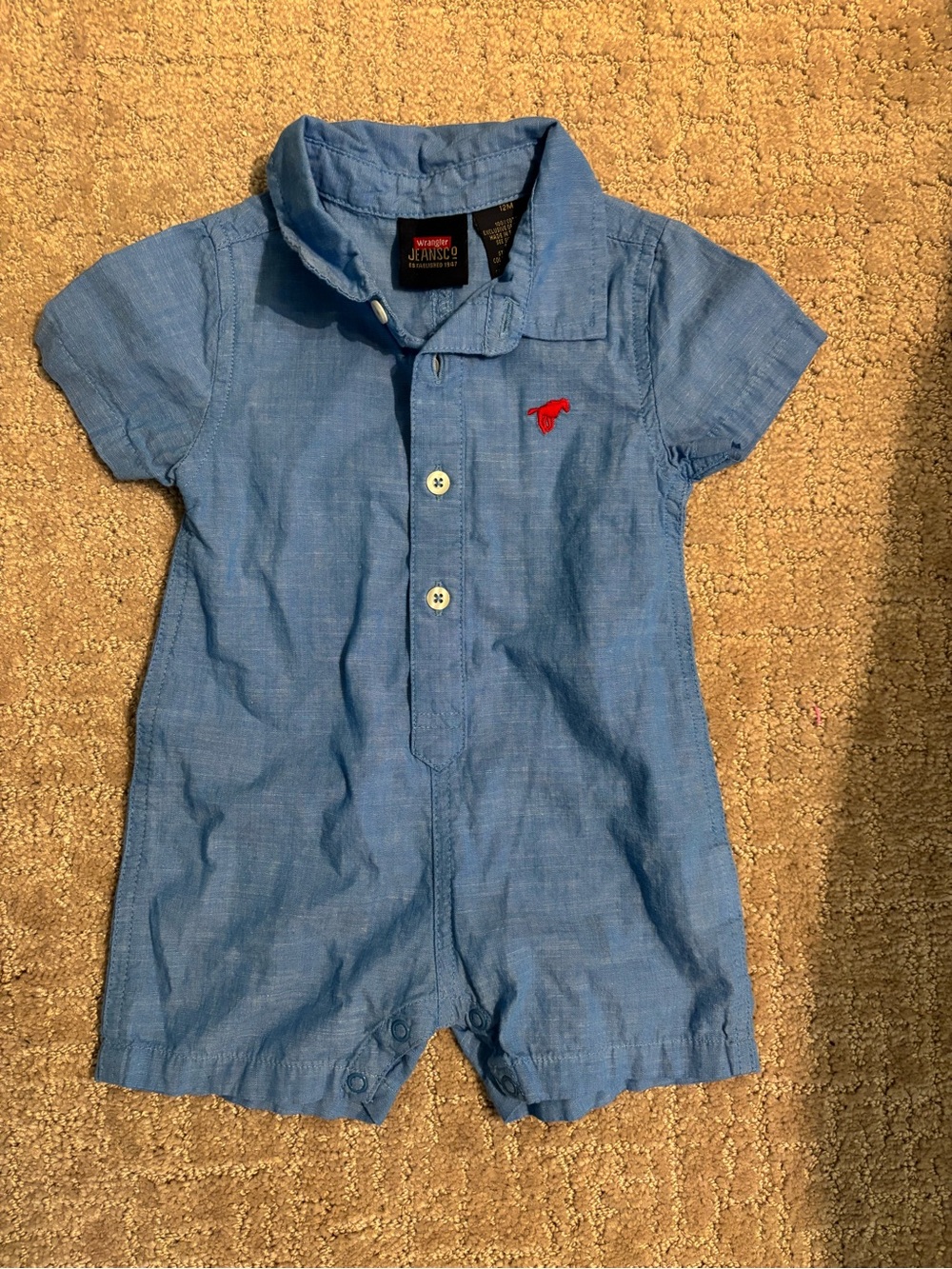 Wrangler Blue Short-Sleeve Baby Romper with Red Embroidered Logo size 12 months